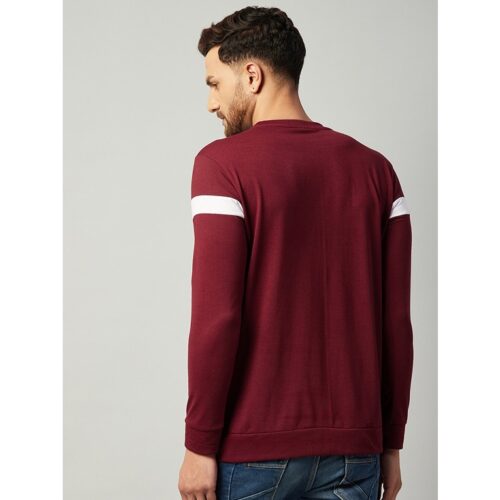 Cotton Blend Color Block Regular Fit Full Sleeve T shirt For Men Maroon 4