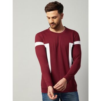 Cotton Blend Color Block Regular Fit Full Sleeve T shirt For Men Maroon 5