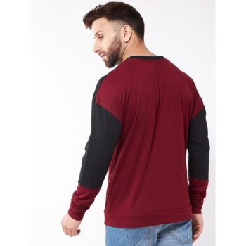 Cotton Blend Color Block Regular Fit Full Sleeve T shirt Maroon 4