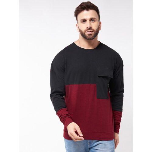 Cotton Blend Color Block Regular Fit Full Sleeve T shirt Maroon 5