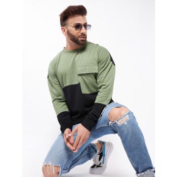 Cotton Blend Color Block Regular Fit Full Sleeve T shirt - Mint Green 1