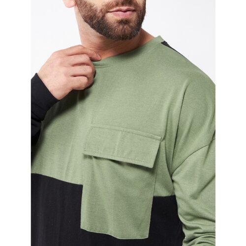 Cotton Blend Color Block Regular Fit Full Sleeve T shirt Mint Green 2