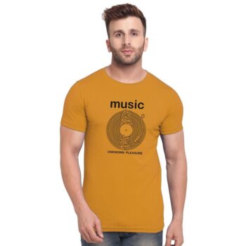 Cotton Blend Printed Half Sleeve Round Neck T-shirt for Men - Mustard
