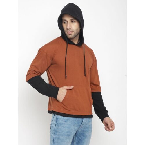 Cotton Blend Solid Full Sleeve Mens Hooded T Shirt Brown 4