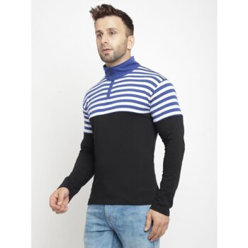 Cotton Blend Solid Full Sleeve Mens Style Neck Stripes T Shirt Blue 2