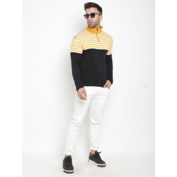 Cotton Blend Solid Full Sleeve Men's Style Neck Stripes T-Shirt - Yellow 5