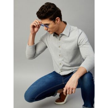 Cotton Blend Solid Full Sleeve Regular Fit Gritstones Casual Shirt For Men - Grey 1