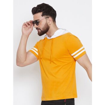 Cotton Blend Solid Half Sleeve Hooded Neck T-Shirt For Men - Yellow