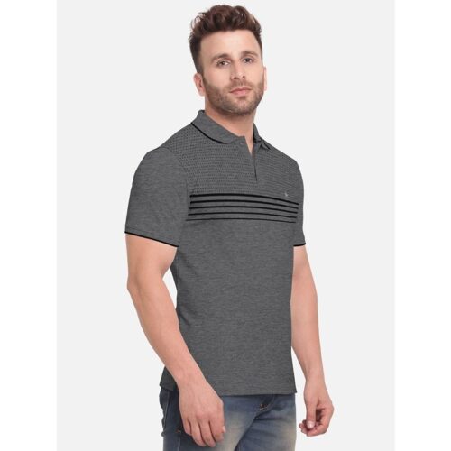 Cotton Blend Solid With Stripes Half Sleeve Polo T Shirt For Men Grey 1