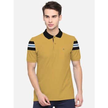 Cotton Blend Solid With Stripes Half Sleeves Polo T-Shirt For Men - Yellow