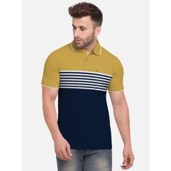 Cotton Blend Solid With Stripes Polo T-Shirt For Men