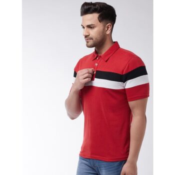 Cotton Blend Stripes Polo T Shirt For Men Red 2