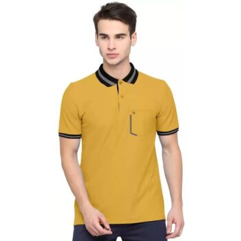 Cotton Soild Half Sleeves Polo Neck Men's Casual T-Shirt - Yellow