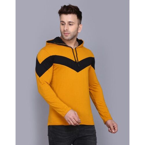 Cotton Solid Full Sleeves Hooded T Shirt Mustard 2