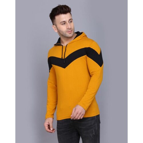 Cotton Solid Full Sleeves Hooded T Shirt Mustard 4