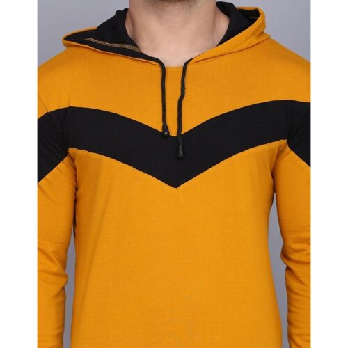 Cotton Solid Full Sleeves Hooded T Shirt Mustard 6