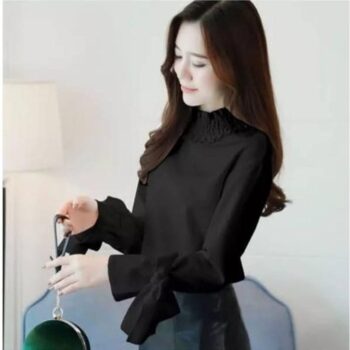 Crepe Solid Knot Sleeves Top for Women  - Black