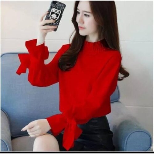 Crepe Solid Knot Sleeves Top for Women  - Red