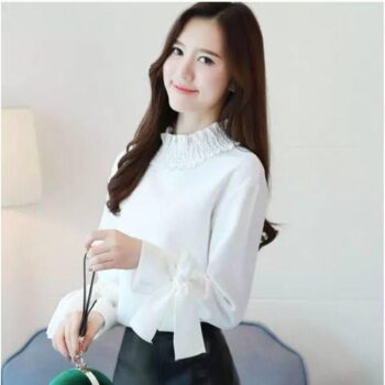 Crepe Solid Knot Sleeves Top for Women  - White