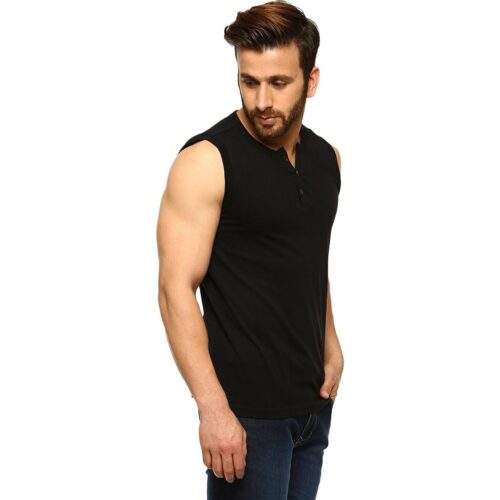 Gritstones Cotton Blend Color Block Sleeveless T-Shirt For Men - Black 1