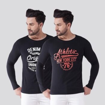 Gritstones Cotton Blend Printed Full Sleeve Round Neck T-Shirt ( Pack of 2) - Black 1