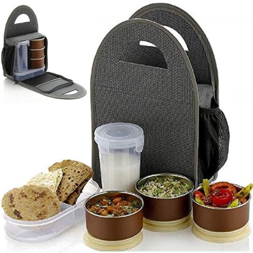 Lunch Box-Stainless Steel 3 Container, 1 Casserole Set, 1 Plastic Bottle With Bag Microwave-Safe