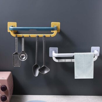Towel Rack Wall Mounted Double Bar Towel Holder with Hooks Adjustable (Pack of 2)