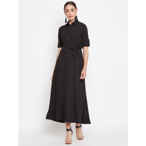 UPTOWNIE Women's Crepe Solid Button Down Shirt Maxi Dress