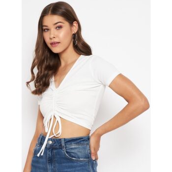 Uptownie Lite Stretchable Polyester Front Drawstring Ruched Crop Top 2 4