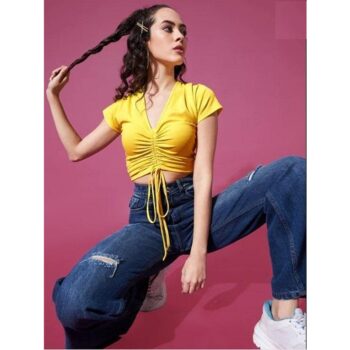Uptownie Lite Stretchable Polyester Front Drawstring Ruched Crop Top