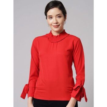 Women Top Crepe Solid High Neck -Red 1
