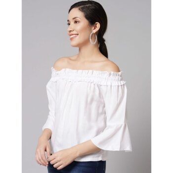 Womens Crepe Solid Off Shoulder Top White 3