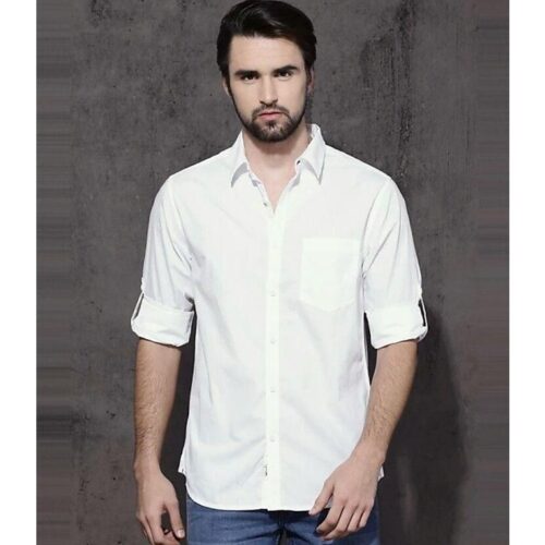 Cotton Solid Full Sleeves Regular Fit Casual Shirt -White