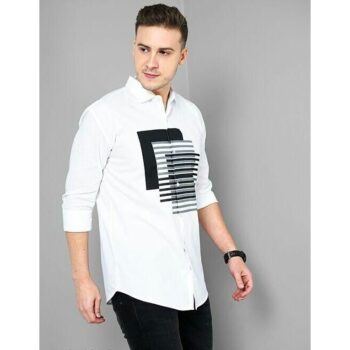 Cotton Solid With Printed Full Sleeves Casual Shirt For Men-White