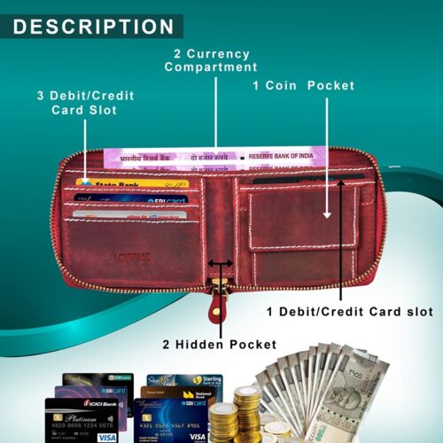 Lorenz Wallet RFID Blocking Genuine Red Hunter Leather Zipper Wallet for Men 2