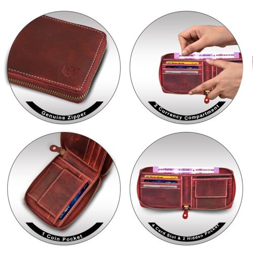 Lorenz Wallet RFID Blocking Genuine Red Hunter Leather Zipper Wallet for Men 3