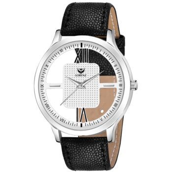 Lorenz Watch Black Leather Strap & Transparent Stylish White Dial Analogue Watch for Men