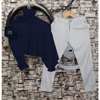 Men's Stylish Premium Pant Shirt Combo - Navy Blue, Off White