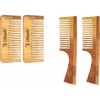 Oilanic Handmade Medium Detangler Neem Wooden Comb(5.5 inches) & Dressing Handle Comb(7.5 inches)- Pack of 4 Pcs(2 Pcs Each variety)