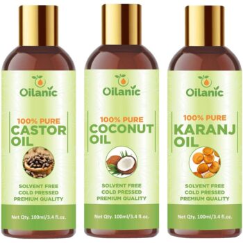 Oilanic Premium Castor Oil, Coconut Oil & Karanj Oil Combo pack of 3 bottles of 100 ml(300 ml)