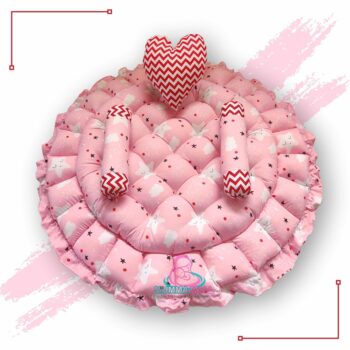 Round Baby Tub Bed With A Heart Pillow And Pair Of Bolster Pink And Red 2