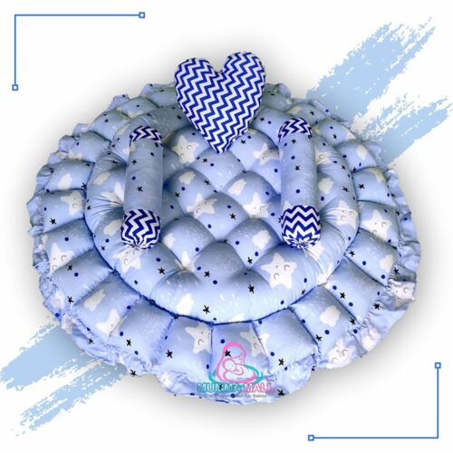 Round Baby Tub Bed With A Heart Pillow And Pair Of Bolster Sky And Blue 2