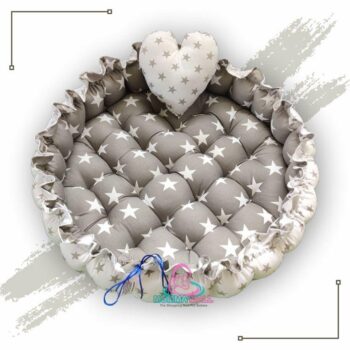 Round Baby Tub Bed With A Heart Pillow Grey And White 3