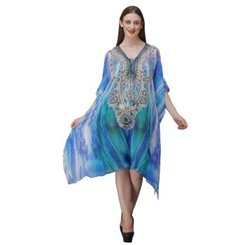 Women's Georgette Digital Print Kaftan Dress -Blue