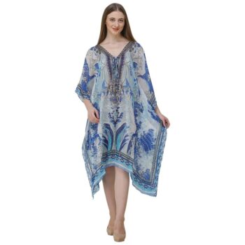 Women's Georgette Digital Print Kaftan Dress - Sky Blue