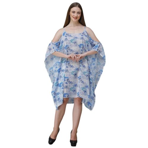 Women's Georgette Floral Print Kaftan Dress - Blue