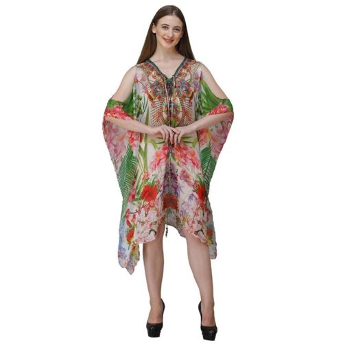 Womens Georgette Floral Print Kaftan Short Dress 2 1