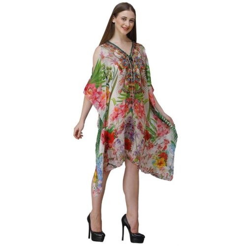 Womens Georgette Floral Print Kaftan Short Dress 3 1