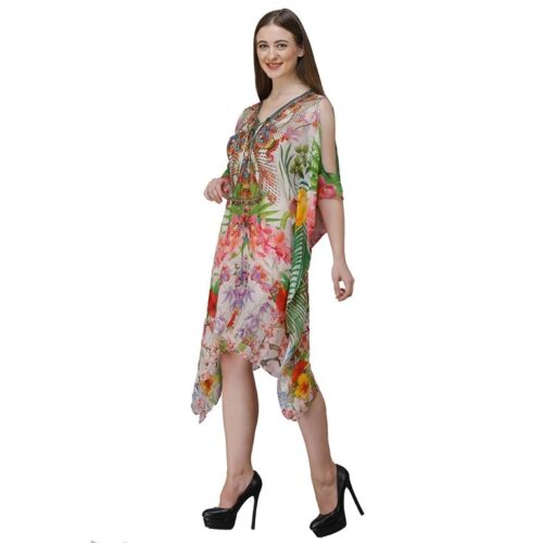 Womens Georgette Floral Print Kaftan Short Dress 4 1