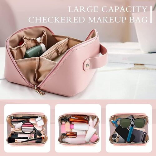 Womens Makeup Travel Bag Portable Leather Cosmetics Bag Pink 4